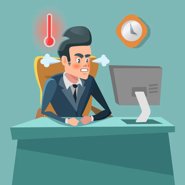 Angry Businessman Cartoon with Computer. Stress at Work. Vector character illustration — Stock Vector