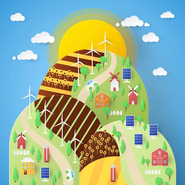 Paisaje Eco Tecnología con molinos de viento y batería solar. ilustración de corte de papel vectorial — Archivo Imágenes Vectoriales