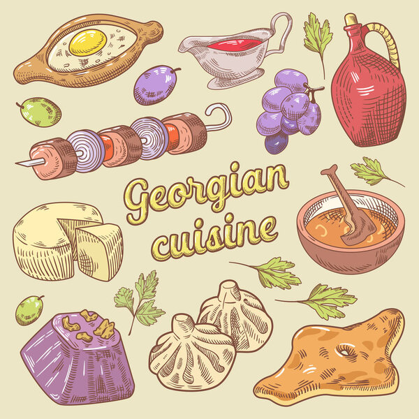 Georgian Cuisine Traditional Food with Khinkali. Hand Drawn vector doodle