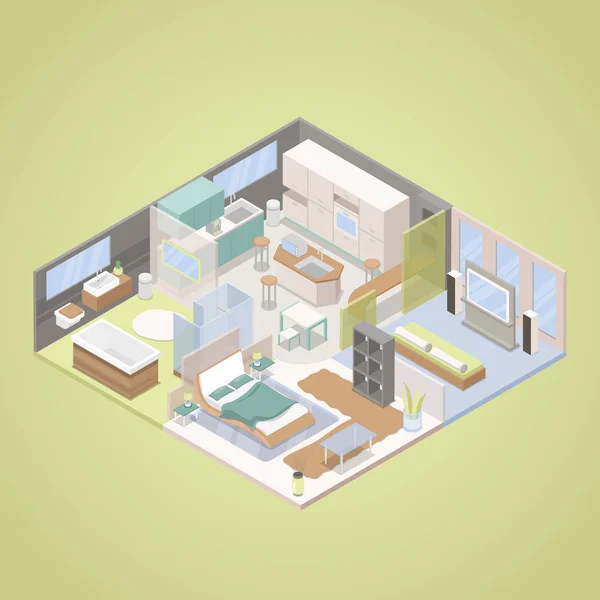 하이테크 현대 아파트 인테리어 디자인 거실, 침실과 부엌. 아이소메트릭 벡터 평면 3d 그림 — 스톡 벡터