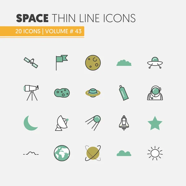Conjunto de iconos vectoriales lineales de línea delgada de investigación espacial con astronauta de lanzadera y planetas — Vector de stock
