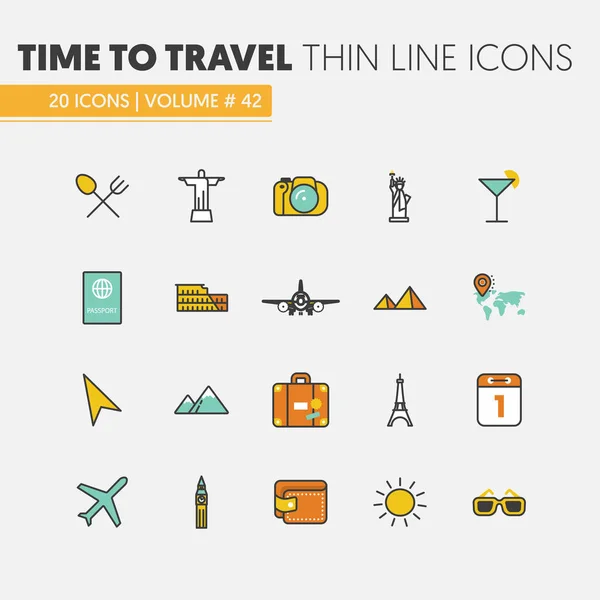 Vacaciones de viaje Linear Thin Line Vector Iconos Set con Avión y Famosa Arquitectura Mundial — Vector de stock