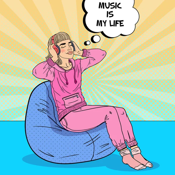Csinos kamasz lány hallgat zenét fejhallgató. Pihenni otthon. Pop-Art vektoros illusztráció — Stock Vector