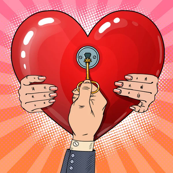 Mano de hombre con llave del corazón de mujer. Arte pop ilustración vectorial retro — Vector de stock
