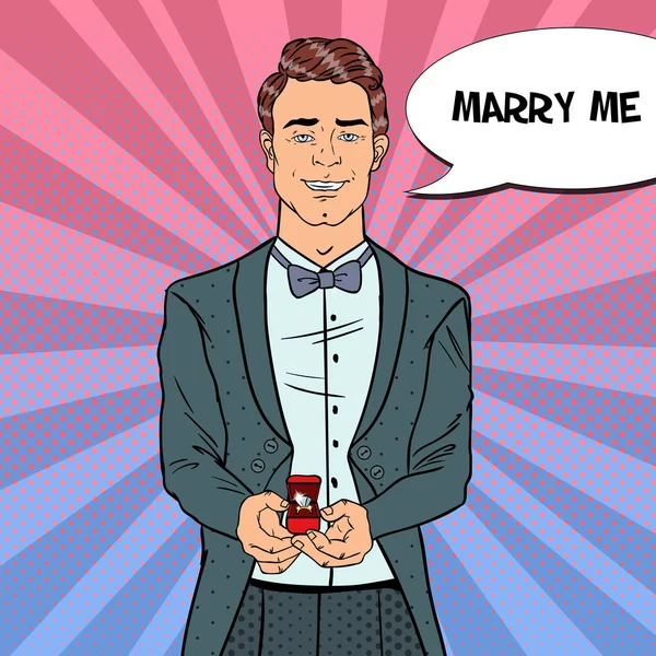 Pop Art Man στην ουρά-παλτό με το γαμήλιο δαχτυλίδι. Πρόταση γάμου. Ρετρό εικονογράφηση διάνυσμα — Διανυσματικό Αρχείο