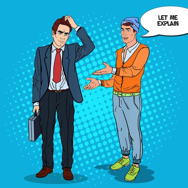 Adolescent élégant expliquant quelque chose à un homme d'affaires réfléchi. Illustration vectorielle Pop Art — Image vectorielle