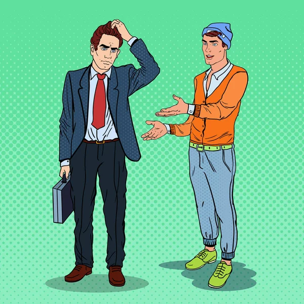 Young Man Explaining Something to Thoughtful Businessman. Pop Art vector illustration — Stock Vector