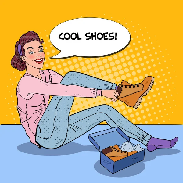 Jovem Mulher Bonita Experimentando Novos Sapatos em uma Loja. Compras sazonais. Ilustração vetorial Pop Art — Vetor de Stock