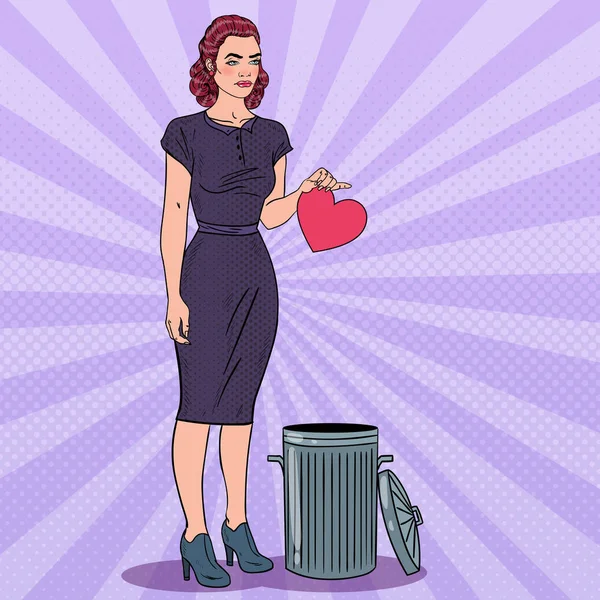Mujer infeliz arroja su corazón a la basura. Amor no correspondido. Pop Art Vector ilustración — Vector de stock