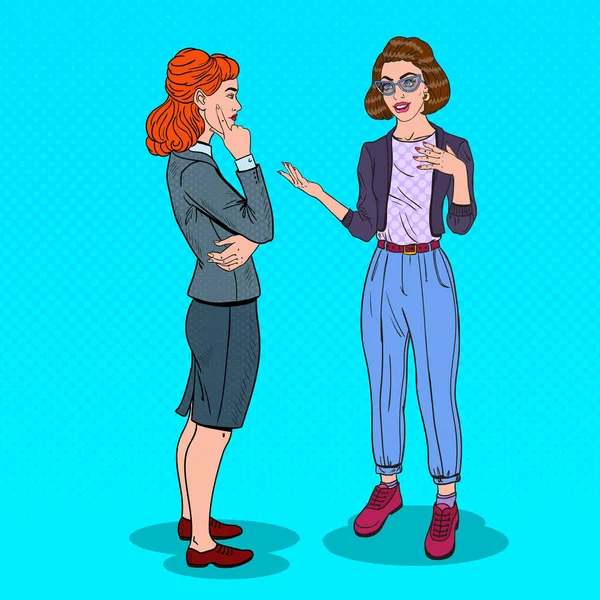 Δύο γυναίκες να συζητούν στο γραφείο. Επαγγελματική συνάντηση. Εικονογράφηση διάνυσμα Pop Art — Διανυσματικό Αρχείο
