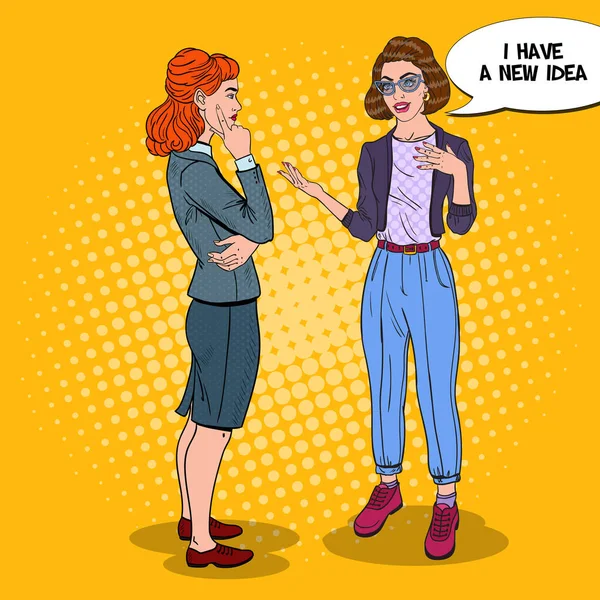 Deux jeunes femmes parlent d'un nouveau projet. Réunion d'affaires. Illustration vectorielle Pop Art — Image vectorielle