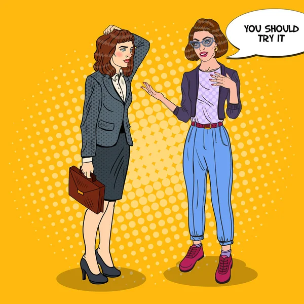 Mujer joven explicando algo a la mujer de negocios. Ilustración del vector Pop Art — Archivo Imágenes Vectoriales