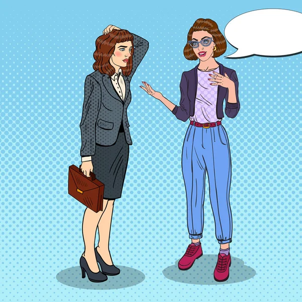Frau erklärt einer nachdenklichen Geschäftsfrau etwas. Pop Art Vektor Illustration — Stockvektor
