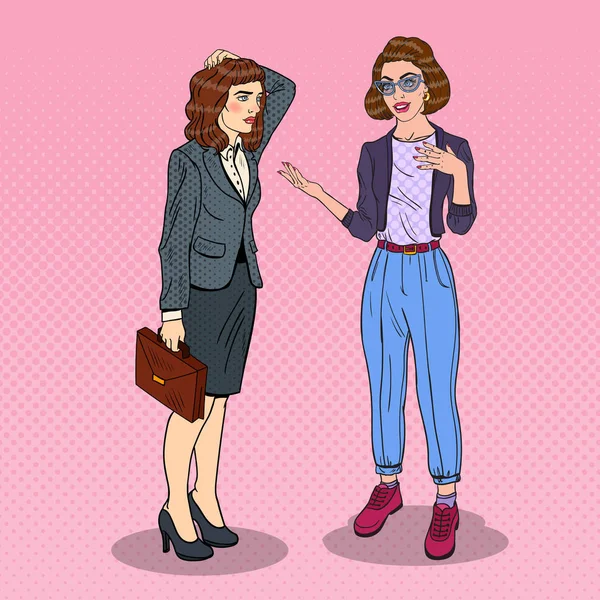 Deux femmes qui parlent au bureau. Discussion d'affaires. Illustration vectorielle Pop Art — Image vectorielle