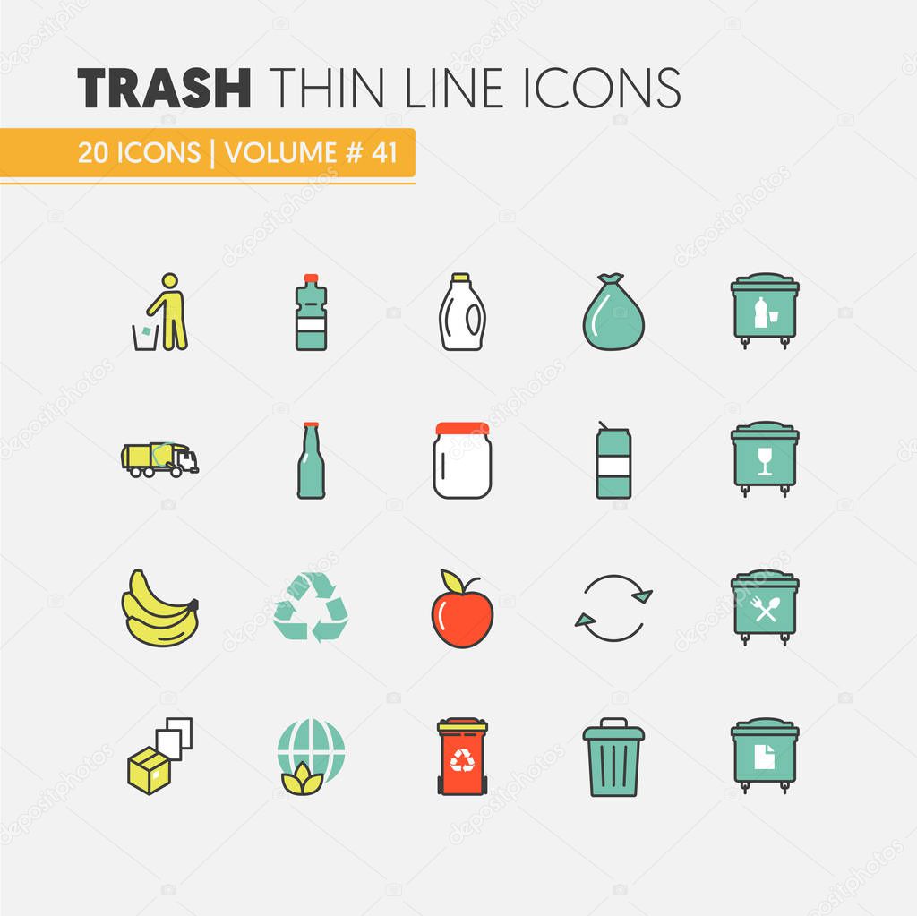 Garbage Waste Recycling Linear Thin Line Vector Icons Set with Trashcans