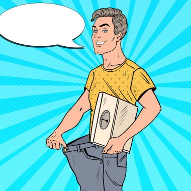 Yakışıklı adam ağırlıkları sonuçları diyet mutlu ile büyük boy kot pantolon. Sağlıklı bir yaşam tarzı. Pop Art vektör çizim