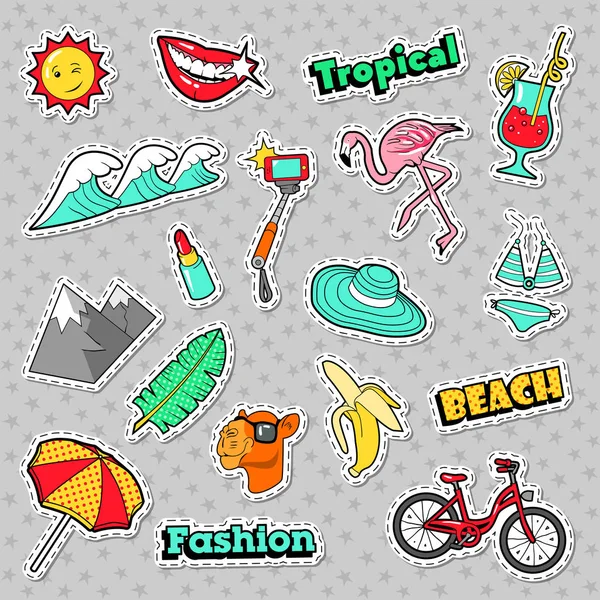 Παραλία τροπικό εμβλήματα, Patches, αυτοκόλλητα με ποδήλατο μπανάνα φλαμίνγκο και κραγιόν. Διάνυσμα doodle — Διανυσματικό Αρχείο