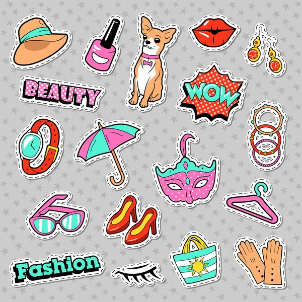 Insignias de chicas de moda, parches, pegatinas con la burbuja del habla cómica, perro, labios y ropa. Ilustración vectorial — Archivo Imágenes Vectoriales