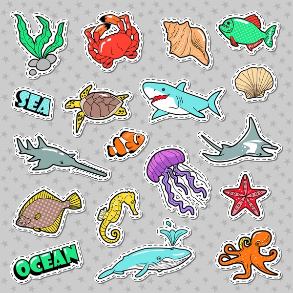 Życie morskie odznaki, patche, naklejki z ośmiornicą żółw rekin ryba. Morze i Ocean Natura. Ilustracja wektorowa — Wektor stockowy