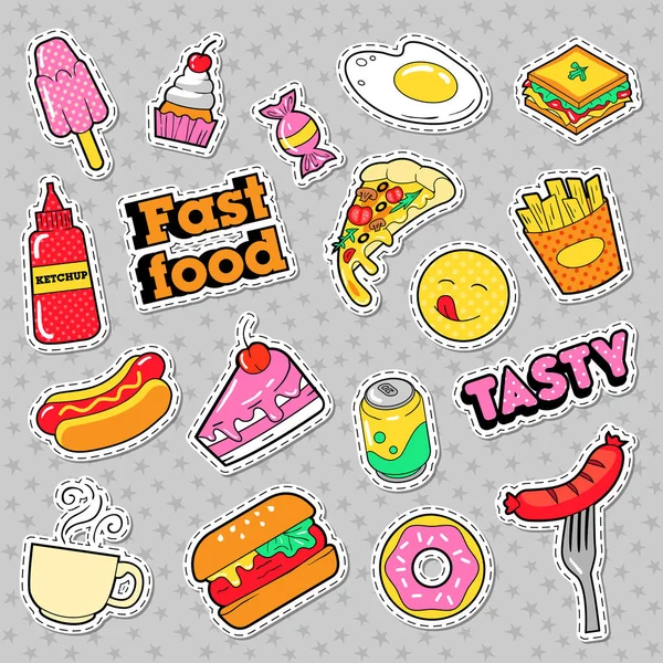 Emblemas de fast food, patches, adesivos com hambúrguer fritos Hot Dog Pizza Donut Junk Food. Vector Doodle — Vetor de Stock
