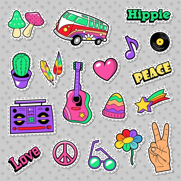 Fashion Hippie Badges, Patchs, Stickers avec Guitare aux Champignons Van et Plume. Illustration vectorielle — Image vectorielle