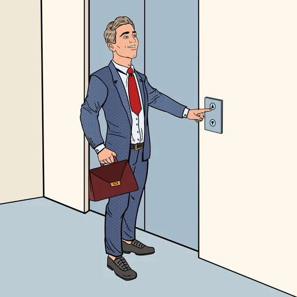 Ευτυχής επιχειρηματίας με χαρτοφύλακα πιέζοντας το κουμπί του ασανσέρ. Εικονογράφηση διάνυσμα Pop Art — Διανυσματικό Αρχείο