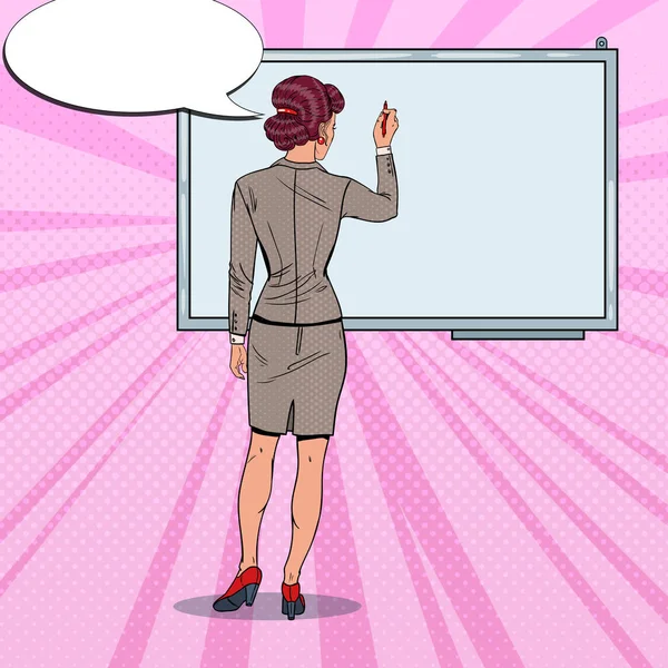 Business Woman Standing behind Whiteboard. Pop Art vector illustration — Stock Vector