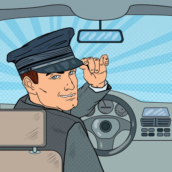 Chauffeur de limousine dans une voiture. Chauffeur Saluant Passager. Illustration vectorielle Pop Art — Image vectorielle