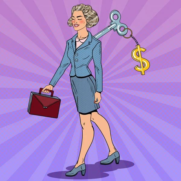 Mujer de negocios con clave de signo de dólar en su espalda. Automatización del trabajo. Ilustración del vector Pop Art — Vector de stock