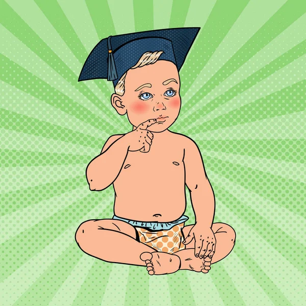 Bekarlığa veda şapkalı erkek bebek. Erken eğitim kavramı. Pop Art vektör çizim — Stok Vektör