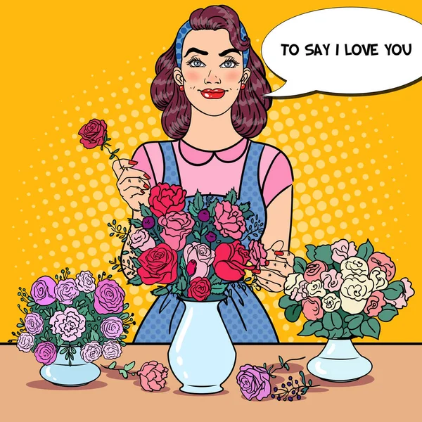 Fleuriste Souriante Femme au Travail avec Bouquet de Fleurs. Illustration vectorielle Pop Art — Image vectorielle
