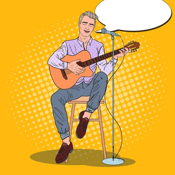 Guitar Player Singing Song in Microphone. Pop Art vector illustration — Stock Vector