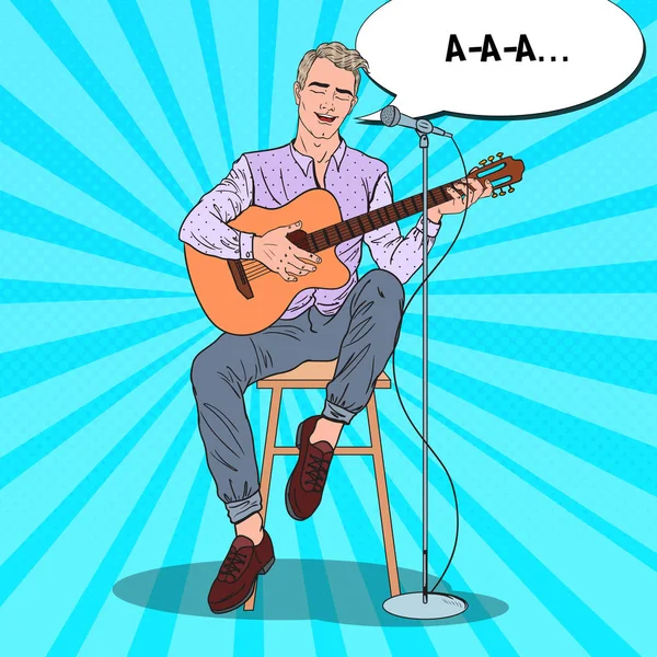 Guitar Player Singing Song in Microphone. Acoustic Concert. Pop Art vector illustration — Stock Vector