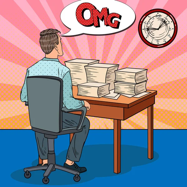 Businessman ocupado con pila de papeles. Horas extras en el trabajo. Ilustración del vector Pop Art — Vector de stock