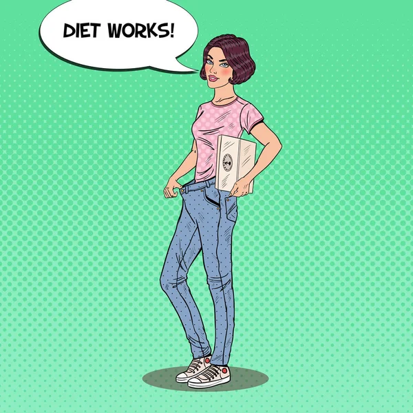 Mujer bonita joven con pesos felices de los resultados de la dieta. Un estilo de vida saludable. Ilustración del vector Pop Art — Vector de stock