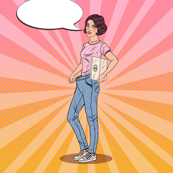 Mujer bonita joven con grandes pantalones vaqueros feliz de los resultados de la dieta. Un estilo de vida saludable. Ilustración del vector Pop Art — Vector de stock