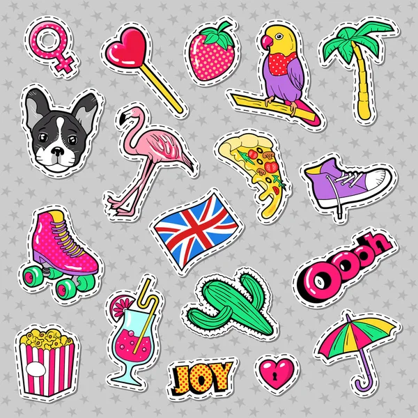 Emblemas de meninas de moda, patches, adesivos com Flamingo Bird, papagaio de pizza e coração. Ilustração vetorial —  Vetores de Stock