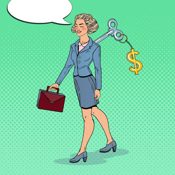 Mekanik iş kadını ile dolar işareti anahtar üstünde onun sırt. Otomasyon iş. Pop Art vektör çizim