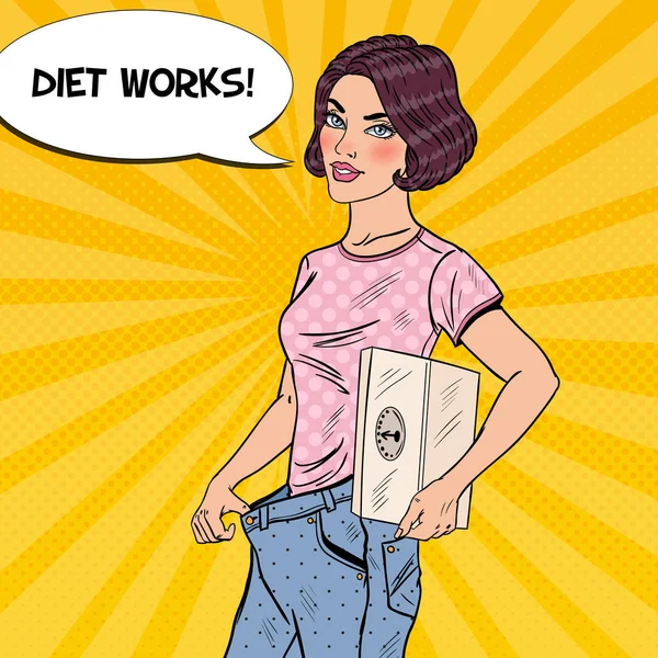 Mujer joven con pesas y pantalones vaqueros grandes feliz de los resultados de dieta. Un estilo de vida saludable. Ilustración del vector Pop Art — Archivo Imágenes Vectoriales