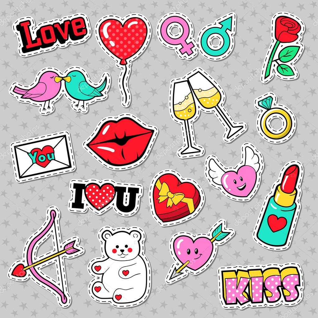 Fashion Love Badges, Patches, Stickers with Lips, Hearts, Kiss and Lipstick. Vector illustration