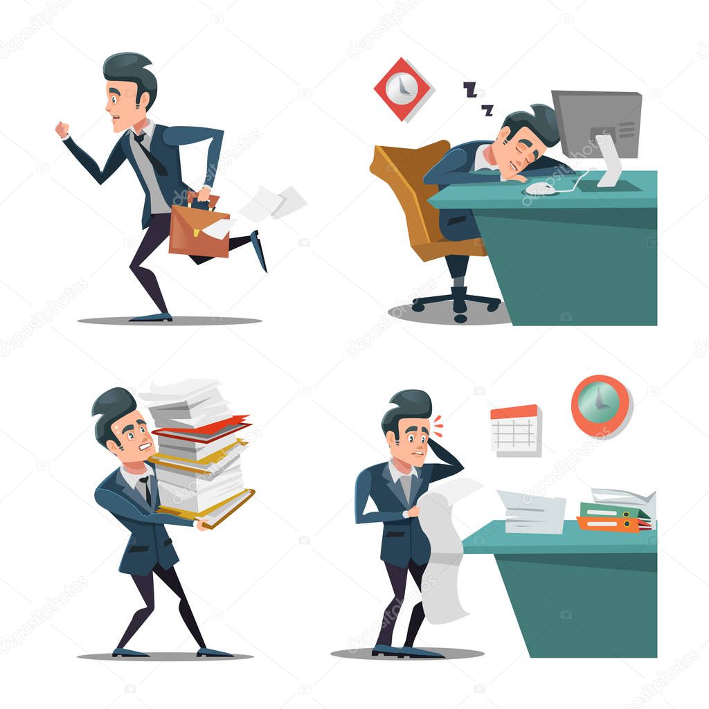 Stress at Work. Businessman with Briefcase Late to Work. Man in Rush. Overtime in Office. Vector character illustration