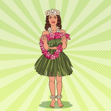 Tropikal çiçek kolye Hawaiian kızla. Pop Art vektör çizim