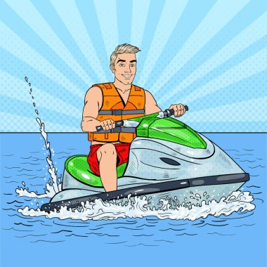 Jet Ski üzerinde genç adam. Aşırı su sporları. Pop Art vektör çizim