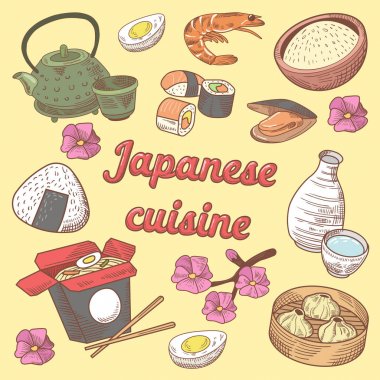 Japon mutfağı yemek suşi ile. Elle çizilmiş vektör doodle
