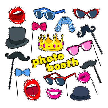 Photo Booth sahne dudaklar, şapka ve gözlük. Parti dekorasyon rozetleri, yamalar ve çıkartmaları. Vektör çizim
