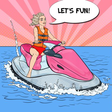 Jet Ski üzerinde eğleniyor sarışın genç kadın. Su sporları. Pop Art vektör çizim
