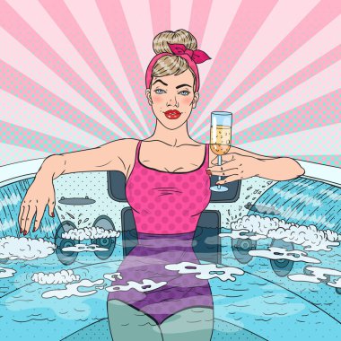 Güzel kadını jakuzide şampanya içmek. Pop Art vektör çizim