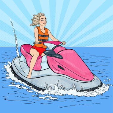 Güzel kadın binicilik Jet Ski. Su sporları. Pop Art vektör çizim