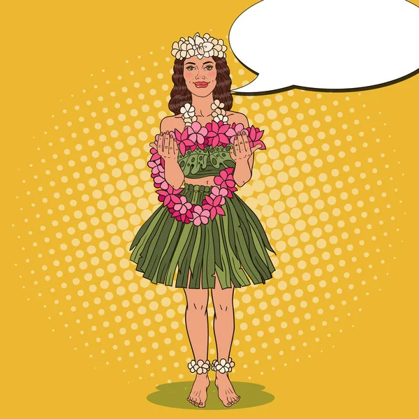 Havajská dívka s tradičními tropická květina náhrdelník. Pop-Art vektorové ilustrace — Stockový vektor
