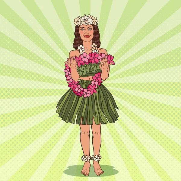 熱帯の花のネックレスのハワイアンの女の子。ポップアートのベクトル図 — ストックベクタ